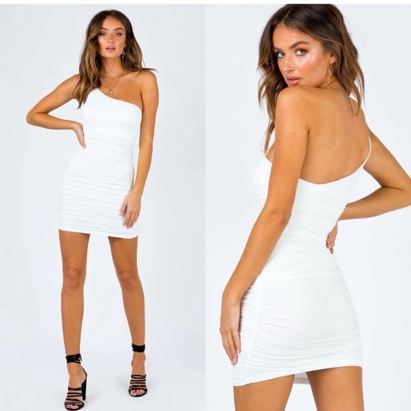 Princess Polly Jocasta White One Shoulder Ruched Mini Dress L - Picture 2 of 4